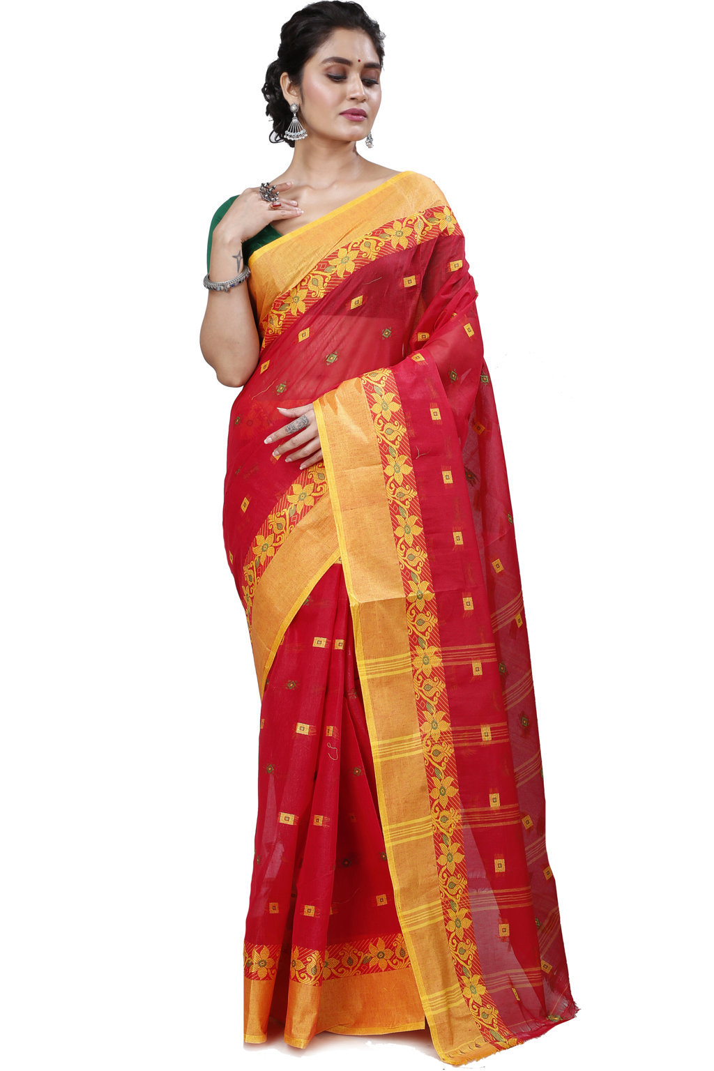 Red Pure Cotton Ramala Tant Saree (958)